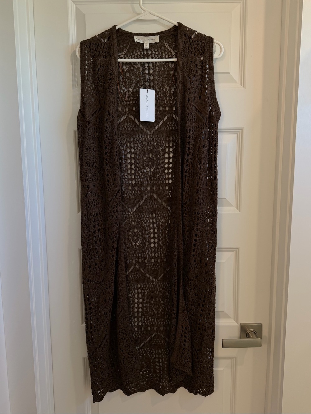 Chelsea & Theodore Flowy Crochet Long Sleeveless Cardigan
